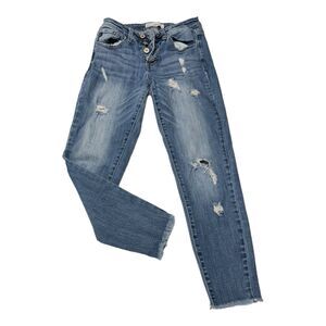 KanCan Jeans Womens 5/26 Mid Rise Skinny Button Fly Distressed Raw Hem Blue‎